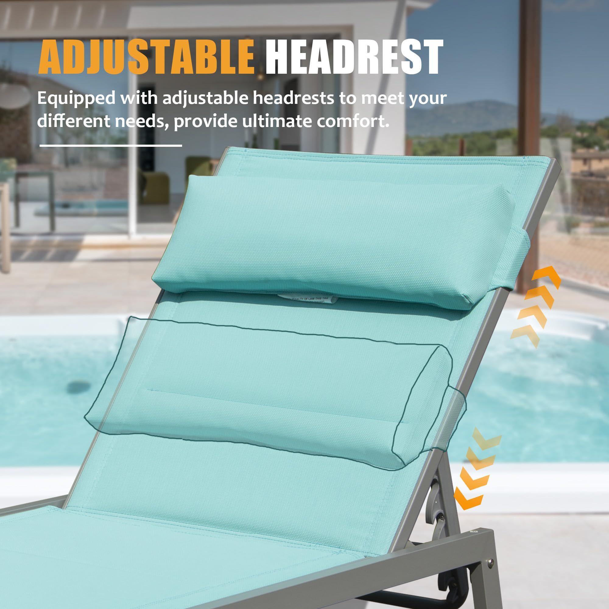 Outdoor Patio Chaise Lounge Set of 3, Aluminum Pool Lounge Chairs with and Wheels, Textilene Padded Adjustable Recliner All Weather for Poolside, Beach, Yard, Balcony (Lake Blue) Doba
